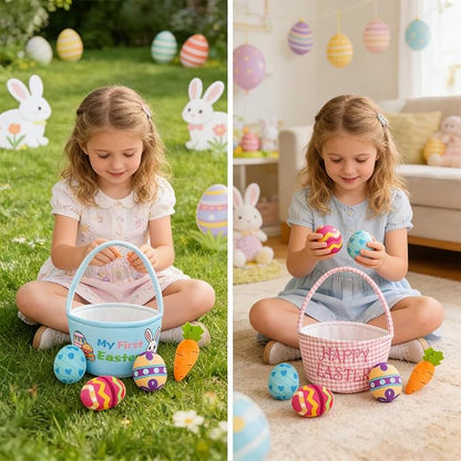 Easter Basket Gift Stuffed Baskets Toys,5 Pack Easter Egg Carrot Plush Toys,Baby Gift Baskets Egg Hunt Toy Easter Party for Baby Toddler Kids (Pink Basket)