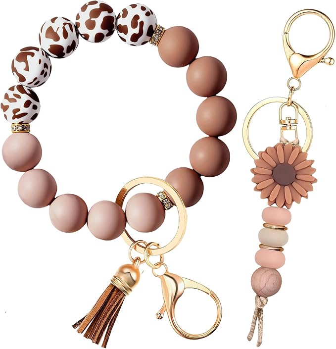 2PCS Bracelet Key Ring Set, Cute Car Key chain Wristlet, Silicone Beaded Bangle keyChains for Women Girls