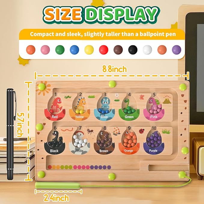 Montessori Toys Busy Board Travel Toys for Toddlers Kids Wooden Magnetic Color and Number Maze Puzzle, Dinosaur Learning Education Toys for Fine Motor Skills, Easter Basket Stuffers (Small)