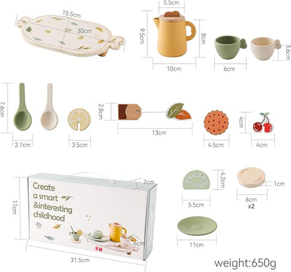 Tea Party Set for Kids - Wooden Tea Set for Little Girls 14PCS Silicone Toddler Tea Set Kitchen Accessories Pretend Play Toy Tea Set for Toddlers - Birthday Gift