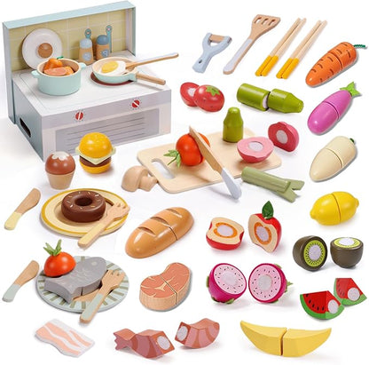 Giant bean Wooden Play Food Set, Play Kitchen Accessories, 78 PCS Pretend Cooking Set, Vegetables Fruits Cutting Toys, Dishes, Educational Toddler Toys