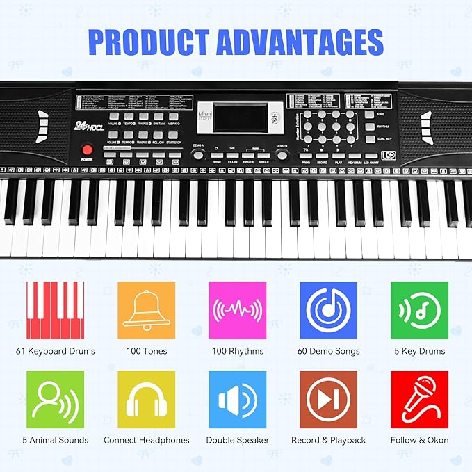 Electric Piano Keyboard, Digital 61 Key Piano Keyboard Kids with Speaker Microphone & Music Sheet Stand, Gift for Children Early Education Beginners, Black