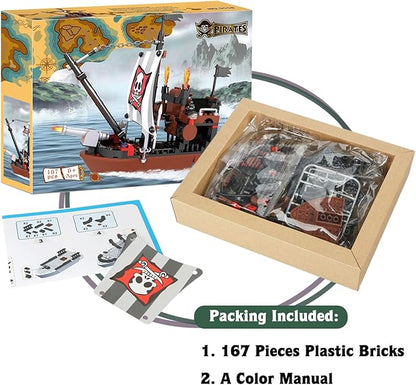 BRICK STORY Pirate Ship Building Blocks with 3 Mini Toy Figures, Boat and Ship Model Pirate Toys Building Kit Pirate Adventure Toys Sets Building Bricks Gifts for Boys Girls Age 6-12 and Up, 167pcs