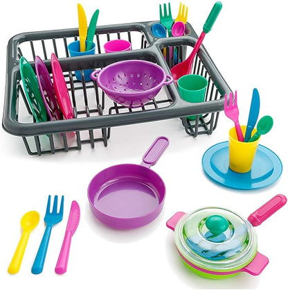 Kids Pretend Play Dishes Children's Kitchen Playset - Wash and Dry Tableware Dish Rack Toy with Drainer, Cups, Pots, Utensils (28 Pieces)