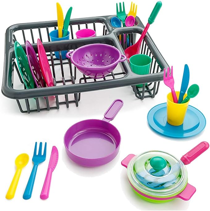 Kids Pretend Play Dishes Children's Kitchen Playset - Wash and Dry Tableware Dish Rack Toy with Drainer, Cups, Pots, Utensils (28 Pieces)
