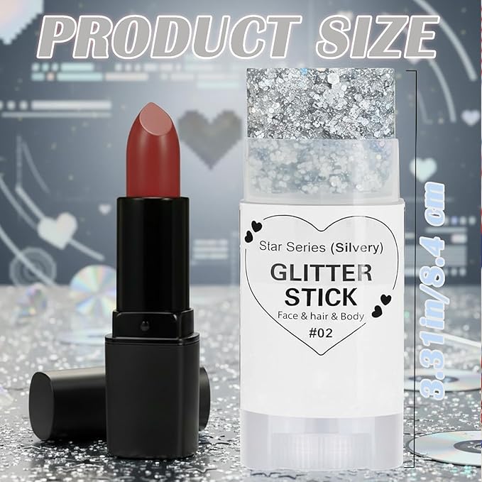 Silver Hair Glitter Stick,Cheer Body Face Glitter,Mardi Gras Outfit for Women,Rave Music Festival Singer Concert Accessories,Waterproof Halloween Cosplay Shimmer Makeup
