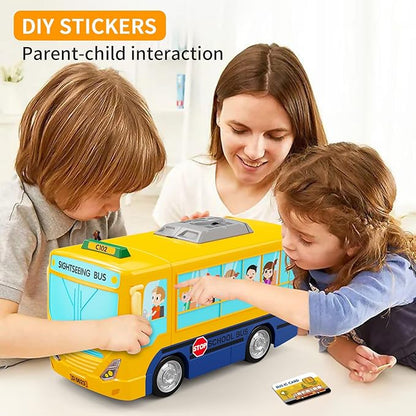 HONGTUO School Bus Toy with Sound and Light Simulation Steering Wheel Driving Toy Toddlers School Bus Toys with Music Education Knowledge Simulate School Scenes Gift for 3-5 Boys & Girls