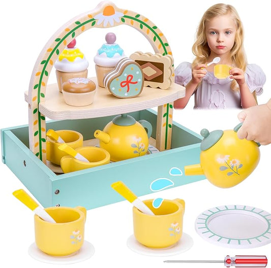 Hysagtek Wooden Tea Party Set for Little Girls, Toddler Tea Set with Cupcake Stand,Teapot Tea Cup Dessert Toys Tea Set Pretend Accessories for Girls Christmas Birthday Gift