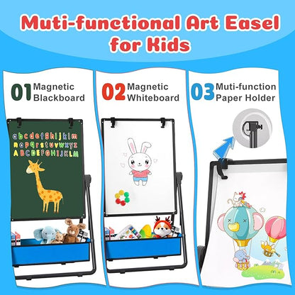 Kids Easel Double-Sided Art Easel with Paper Clip Height Adjustable Whiteboard & Chalkboard 360°Rotating Standing Art Easel for Kids Gift for Boys and Girls Toys for Ages 2-4