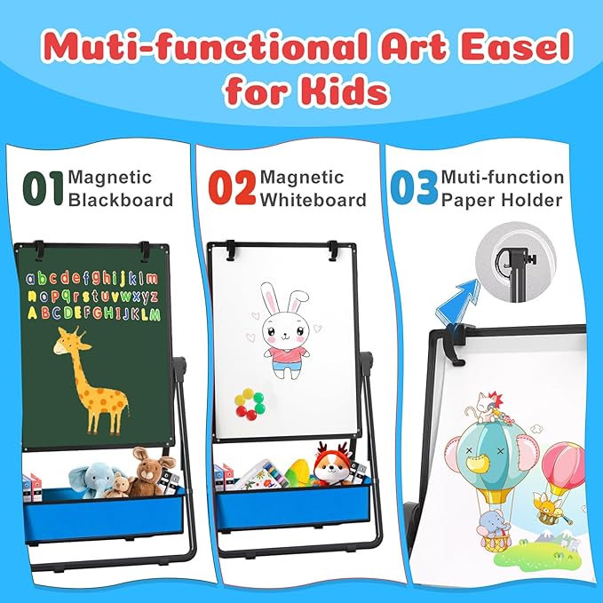 Kids Easel Double-Sided Art Easel with Paper Clip Height Adjustable Whiteboard & Chalkboard 360°Rotating Standing Art Easel for Kids Gift for Boys and Girls Toys for Ages 2-4