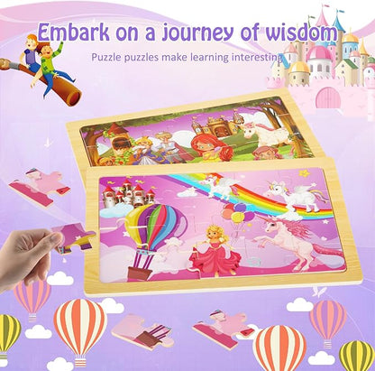 Wooden Puzzles Toys for Kids Ages 3-5, Set of 4 Packs with 20-Piece Unicorn Mermaid Princess Wood Jigsaw Puzzles, Preschool Educational Brain Teaser Toys for Girls 3 4 5 6 Years Old.