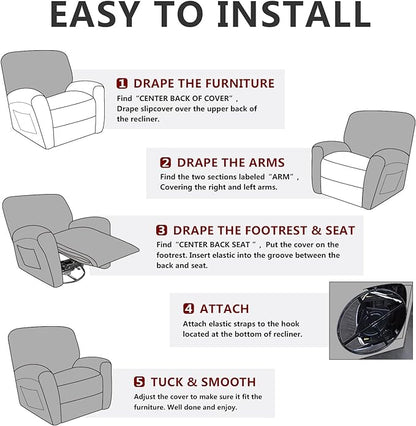 Leather Look Recliner Chair Covers Stay in Place 4-Piece Lazy Boy Recliner Slipcovers for Reclining Chair Furniture Protector Spandex Fabric Washable (X-Large, Dark Gray)