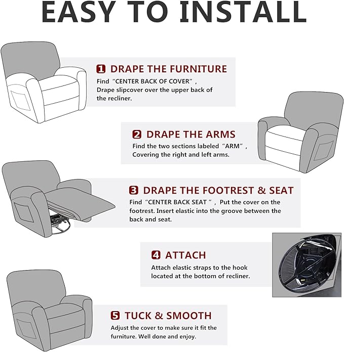 molasofa Recliner Chair Covers - 4 Pieces Leather Like Large Recliner Chair Covers with Pocket Waterproof Non Slip Stretch Recliner Slipcover for Lazy Boy Recliner Chair Washable (Chocolate)