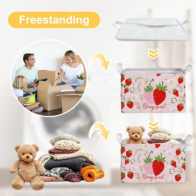 Strawberry Foldable Storage Box, Strawberries Waterproof Fabric Toy Organizer Box for Boys Girls, Strawberries Storage Boxes for Nursery Room, Strawberry Gifts Basket, Storage Basket for Room Decor