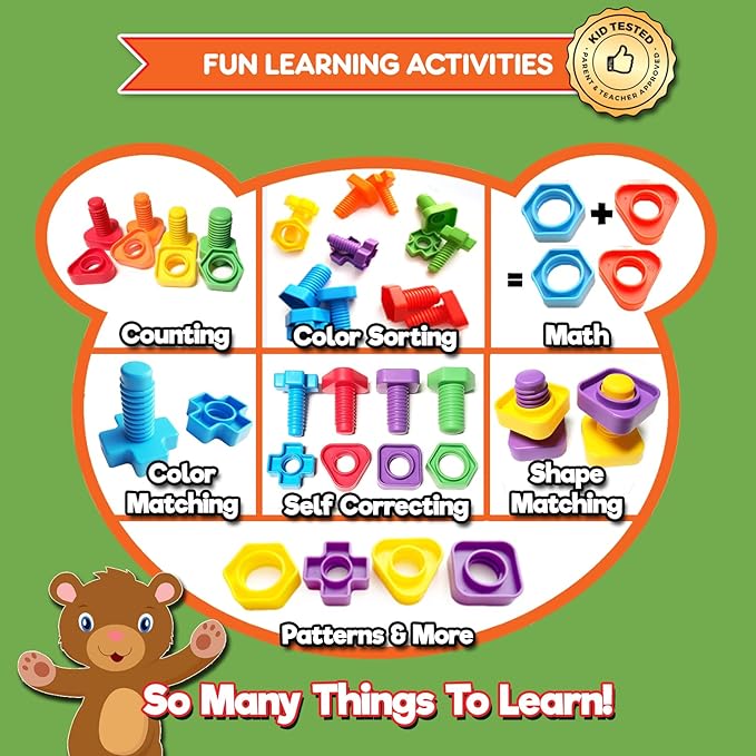 Jumbo Nuts and Bolts For Toddlers - Fine Motor Skills Rainbow Matching Game Montessori Toys For Toddlers & Toddler Games | 12 pc Occupational Therapy Educational Toys with Toy Storage + eBook