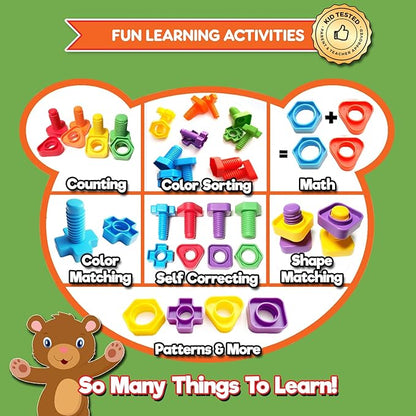 Jumbo Nuts and Bolts For Toddlers - Fine Motor Skills Rainbow Matching Game Montessori Toys For Toddlers & Toddler Games | 12 pc Occupational Therapy Educational Toys with Toy Storage + eBook