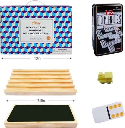 Mexican Train Dominoes Set, 91 Tiles Double 12 Game with 8 Wooden Racks/Trays, Tin Box, and Colorful Trains, Classic Domino Set, Perfect for Kids, Adults, and Families (D12 + 8 Holders)