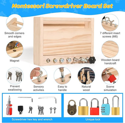 INIFEIDALA Montessori Screwdriver Board Set - Lock and Key Toy,Busy Board Toys for 3 4 5 Year Old,Kids Tool Set, Preschool Learning Sensory Fine Motor Skills STEM Toys