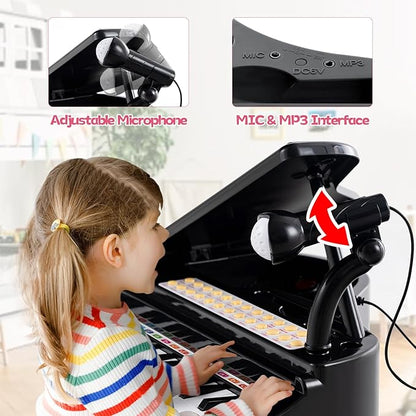HONEY JOY Classical Kids Piano, 31-Key Toy Mini Grand Piano with Music Stand & Stool, Portable Electronic Educational Musical Instrument Toy w/ Microphone, Lights, Gift for Kids (Black, 31 Keys)