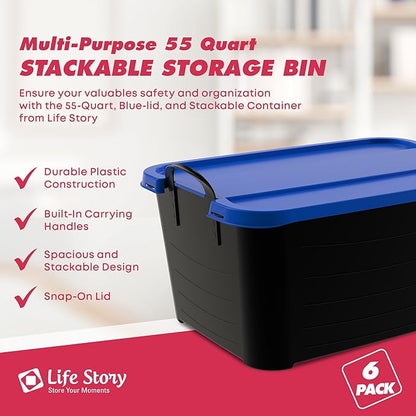 Life Story 6 Pack Heavy Duty Stackable Storage Bin, 55 Quart Home Organizer, Versatile Lightweight Locking Bins with Carrying Handles, Black/Blue