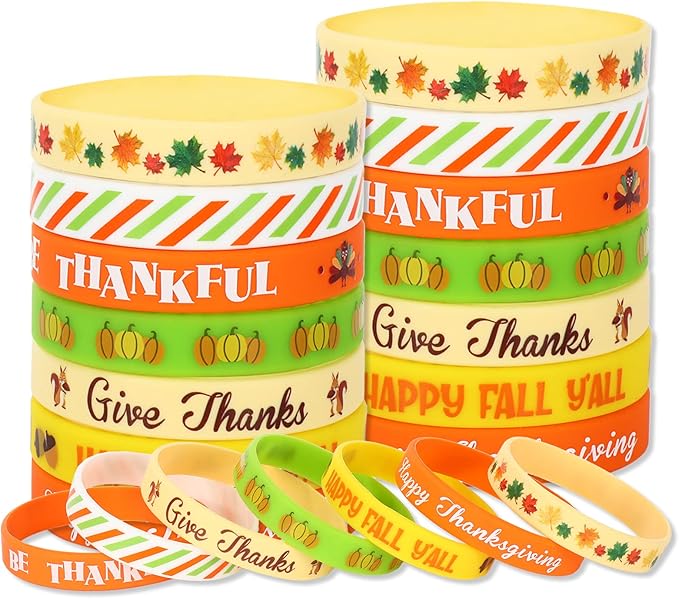 AnyDesign 35Pcs Thanksgiving Fall Rubber Bracelet Party Favors Colorful Waterproof Silicone Wristband Autumn Pattern Silicone Bracelets for Thanksgiving Fall Harvest Party Supplies Goodie Bag Filler