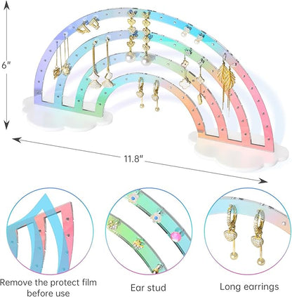 NiHome Iridescent Earring Organizer Set - 74-Hole Display Rack for Studs, Dangles and Hoops - Rainbow Iridescent Finish - Clear Acrylic - Ideal for Girls and Women