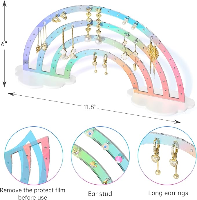 NiHome Iridescent Earrings Holder 74 Holes Display Rainbow Iridescent Ear Studs Jewelry Show Rack Stand Organizer Holder Plastic Clear Acrylic Earring Rack Holder Organizer for Girl Women
