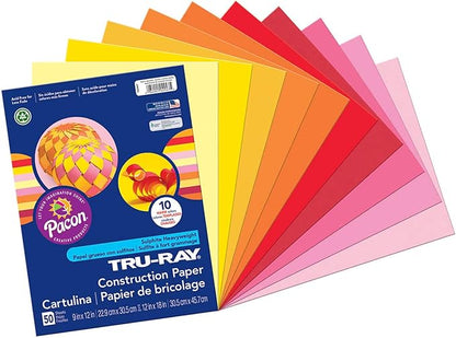 Tru-Ray Heavyweight Construction Paper, Cool Assorted Colors, 9"" x 12"", 50 Sheets (102942) & Heavyweight Construction Paper, Warm Assorted Colors, 9" x 12", 50 Sheets,102947