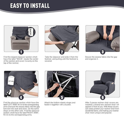 KinCam Recliner Covers, Stretch Reclining Chair Covers, Recliner Sofa Slipcovers Stripe Jacquard Recliner Couch Covers Furniture Protector Covers for Pet Kid (1 Seater, Deep Gray)