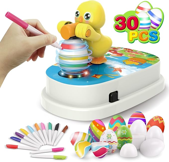 Engfa Easter Egg Decorating Kit, Chick Easter Eggs Decorating Kit Spinner Coloring Machine with 12 Dying Markers 30 Plastic Eggs and Slings, Easter Toy Arts and Crafts Set Gift for Kids Party