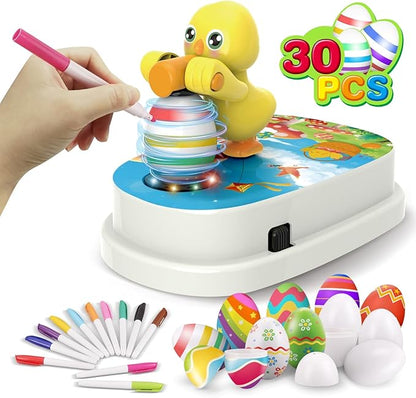 Engfa Easter Egg Decorating Kit, Chick Easter Eggs Decorating Kit Spinner Coloring Machine with 12 Dying Markers 30 Plastic Eggs and Slings, Easter Toy Arts and Crafts Set Gift for Kids Party