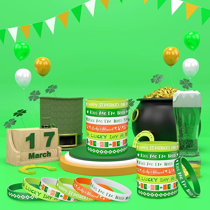 Morcheiong 70 Pcs St. Patrick's Day Silicone Bracelets Pink Red Party Favors Classic Rubber Wristbands for Kids Adults St. Patrick's Day Party Decorations