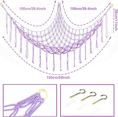 Boho Stuffed Animals Net or Hammock Large,55 inch Toy Hammock Macrame Stuff Animal Storage Corner Hanging Net Holder,Mesh Hammock Plush Toy Organizer with Hooks for Bedroom,Nursery (Purple)