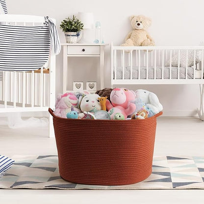 XXL Large Cotton Rope Basket - Maliton Large Storage for Blankets, Towels, Pillows - Round Toy Basket - Woven Laundry Hamper with Handles - 22" x 22" x 14" Nursery Hamper Bin, Burnt Orange