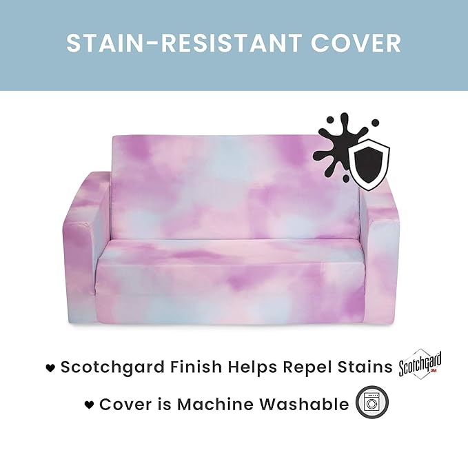 Delta Children Cozee 2-in-1 Extra Wide Convertible Sofa to Lounger-Comfy Flip Open Couch/Sleeper for Kids, Pink Tie Dye