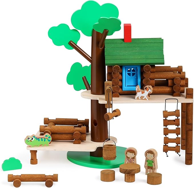 SainSmart Jr. 2-Tier Wooden Tree House Building Set – Educational Gift for Kids, Creative STEM Toy with Cabins and Interchangeable Leaves, STEM Retro Classic Toy Compatible with Lincoln Logs
