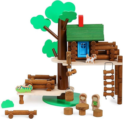 SainSmart Jr. 2-Tier Wooden Tree House Building Set – Educational Gift for Kids, Creative STEM Toy with Cabins and Interchangeable Leaves, STEM Retro Classic Toy Compatible with Lincoln Logs