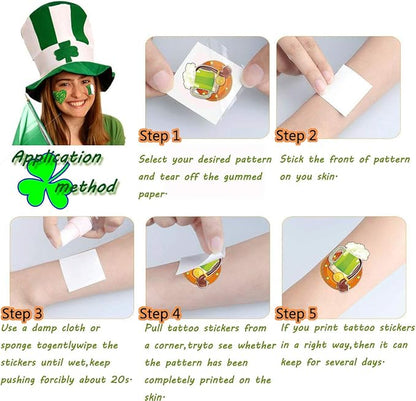 108PCS St. Patrick's Day Party Favor Dressing-up Accessories with Shamrock Eyeglasses Beaded Necklace Temporary Tattoos Mustache Bracelets Set