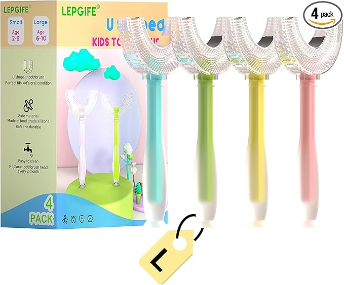U Shaped Kids Toothbrush 4 Pack, U-Type Whole Mouth Toothbrush for Kids (Age 6-10)