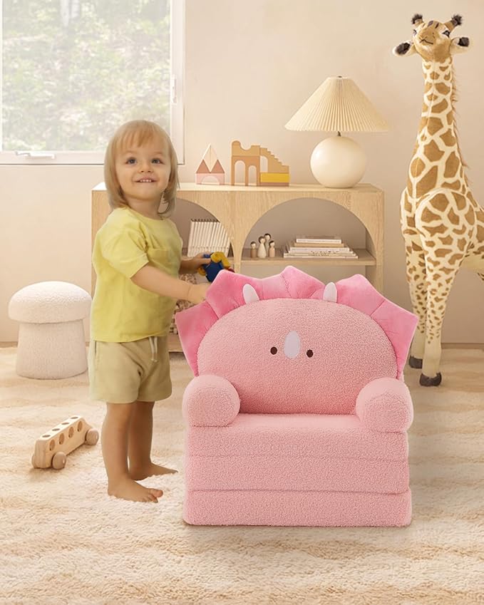 MOONBEEKI Comfy Toddler Chair, Kids Couch Fold Out to Lounger, Foldable Baby Sofa Plush for Girl and Boy Age 18 Months and Up （Pink Triceratops）