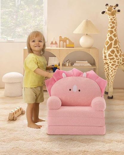 MOONBEEKI Comfy Toddler Chair, Kids Couch Fold Out to Lounger, Foldable Baby Sofa Plush for Girl and Boy Age 18 Months and Up （Pink Triceratops）