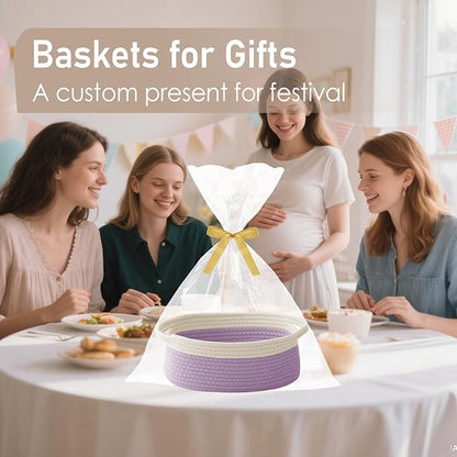 JMvicyroam Woven Basket,Small Rope Storage Bin with Handles & Ribbon Bag, Organizer for Shelves Closets,Gift Basket Empty for Birthday,Books,Dog Toys, White&Purple/2 Pack