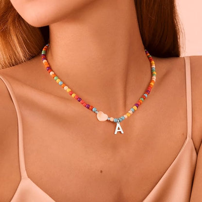 Ursteel Colorful Initial Cute Necklaces for Girls - Trendy Beaded Choker Necklace for Women Teen Girl, Handmade Letter Necklace Gifts for Women Girls Jewelry
