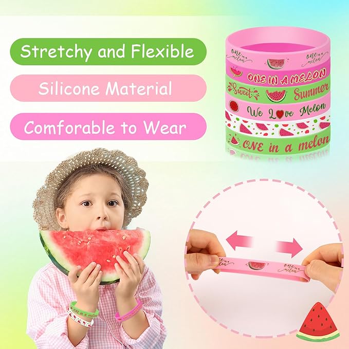 JUNEBRUSHS One In a Melon Party Favors, 42pcs Watermelon Themed First Birthday Silicone Bracelets Rubber Wristbands for One In a Melon 1st Birthday Party Decorations Party Accessories Supplies