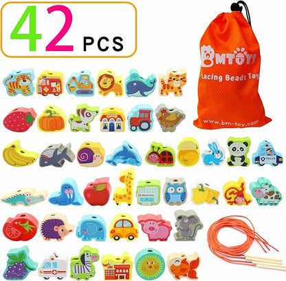 BMTOYS Wooden Lacing Beads Montessori Educationa Threading Learning Toys for 3+ Year Olds Preschool Activities Stringing Toys for Boys Girls