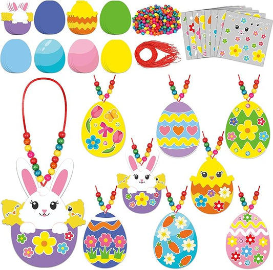 Qyeahkj 32 Set Easter Egg Craft Kit for Kids Easter Bunny Necklaces Beads Ornaments DIY Spring Sticker Arts Crafts Activities Make Your Own Hanging Decor Supplies for Home School Classroom Party Favor
