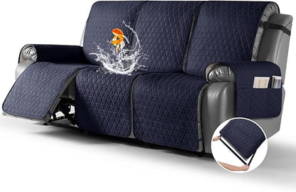 TAOCOCO 100% Waterproof Recliner Sofa Cover-Non Slip Split Couch Covers for Reclining Couches with Elastic Straps,Couch Covers for 3 Cushion Couch Sofa Pet Friendly(Dark Blue, 3 Seater)
