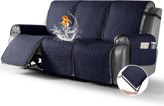 TAOCOCO 100% Waterproof Recliner Sofa Cover-Non Slip Split Couch Covers for Reclining Couches with Elastic Straps,Couch Covers for 3 Cushion Couch Sofa Pet Friendly(Dark Blue, 3 Seater)
