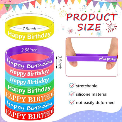 Sratte 120 Pcs Happy Birthday Rubber Bracelets for Kids Stretch Wristbands Bulk Birthday Bracelets for Classroom Student Back to School Gift Teacher Birthday Party Favors Supplies