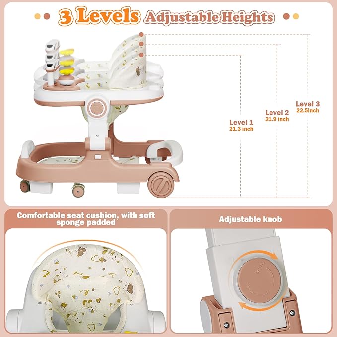 Baby Walker with Wheels, 4 in 1 Foldable Baby Walkers for Boys Girls 6-18 Months, 3 Level Height Adjustment with Bouncing, Feeding Tray & Music, Baby Walker with Activity Center, Toddler Push Walker
